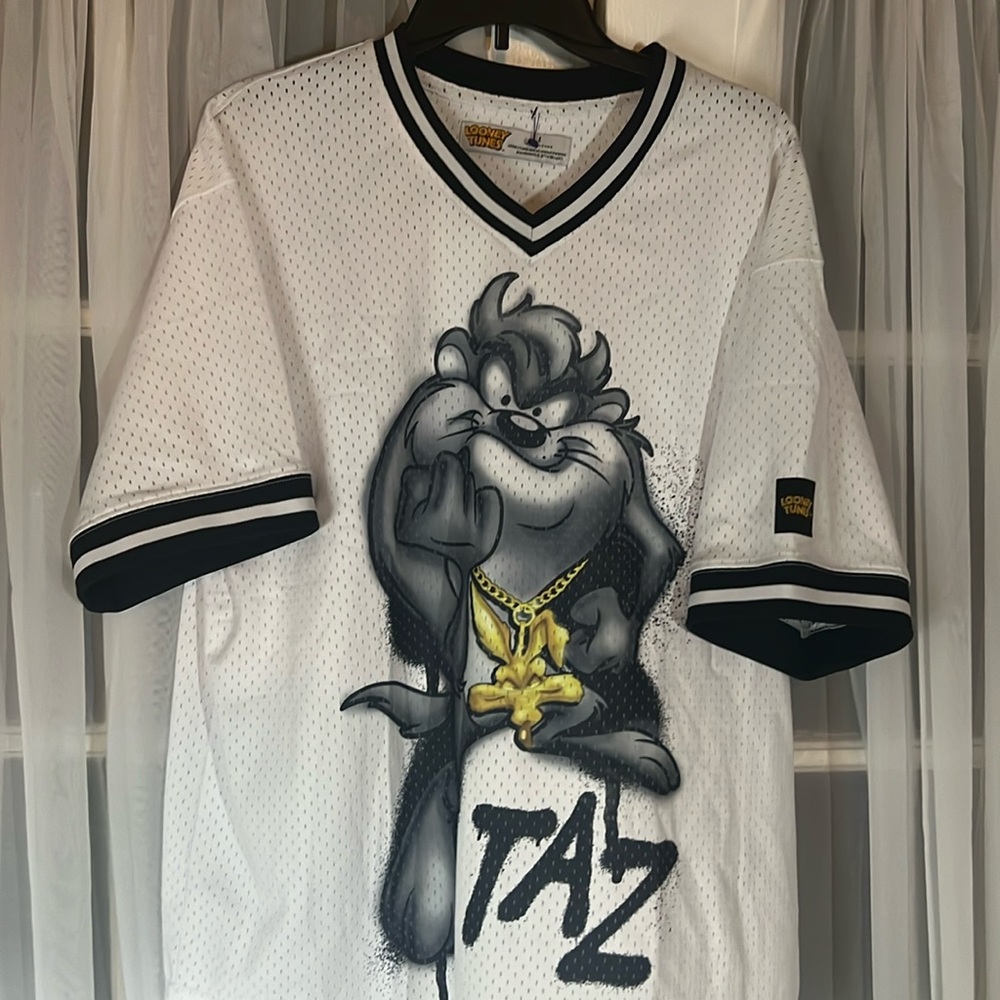 Looney Tunes Taz Tasmanian Devil Mesh Baseball Jersey White Graphic Shirt Size L